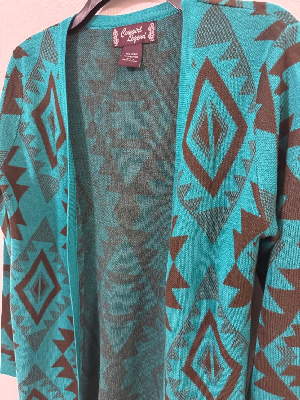 Cowgirl Legend Cozy Teal & Brown Geometric Open Cardigan